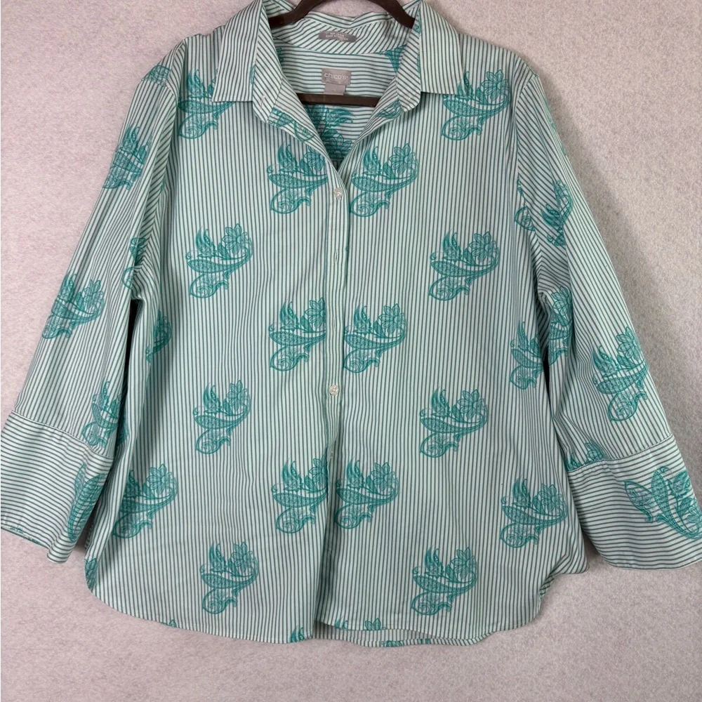 Chico's Teal and White Striped Shirt with Floral Accent